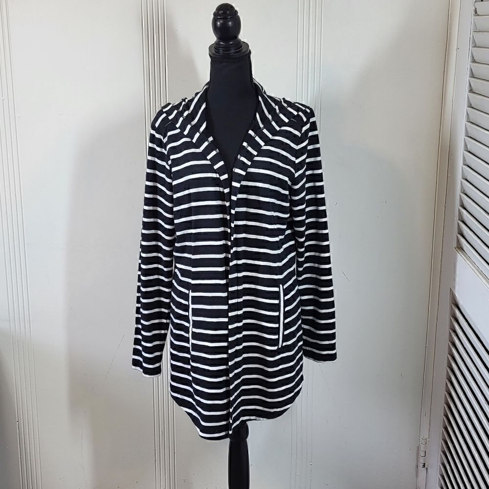T by Talbots Black & White Long Jacket With Hood